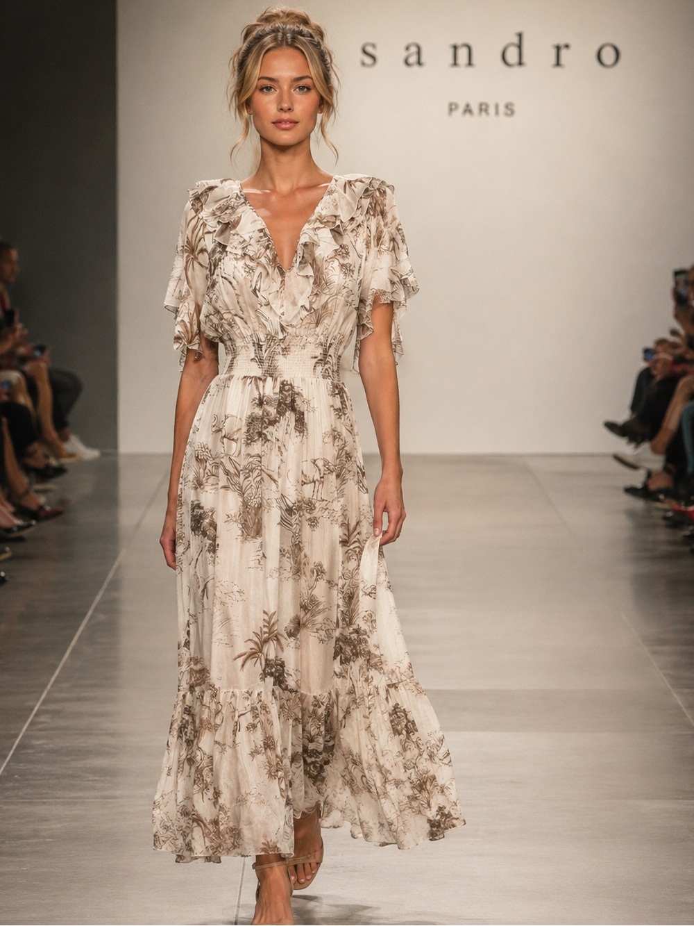 Sandro Paris Ivory Safari Print Maxi Dress Designer French 36/US Small MSRP $452